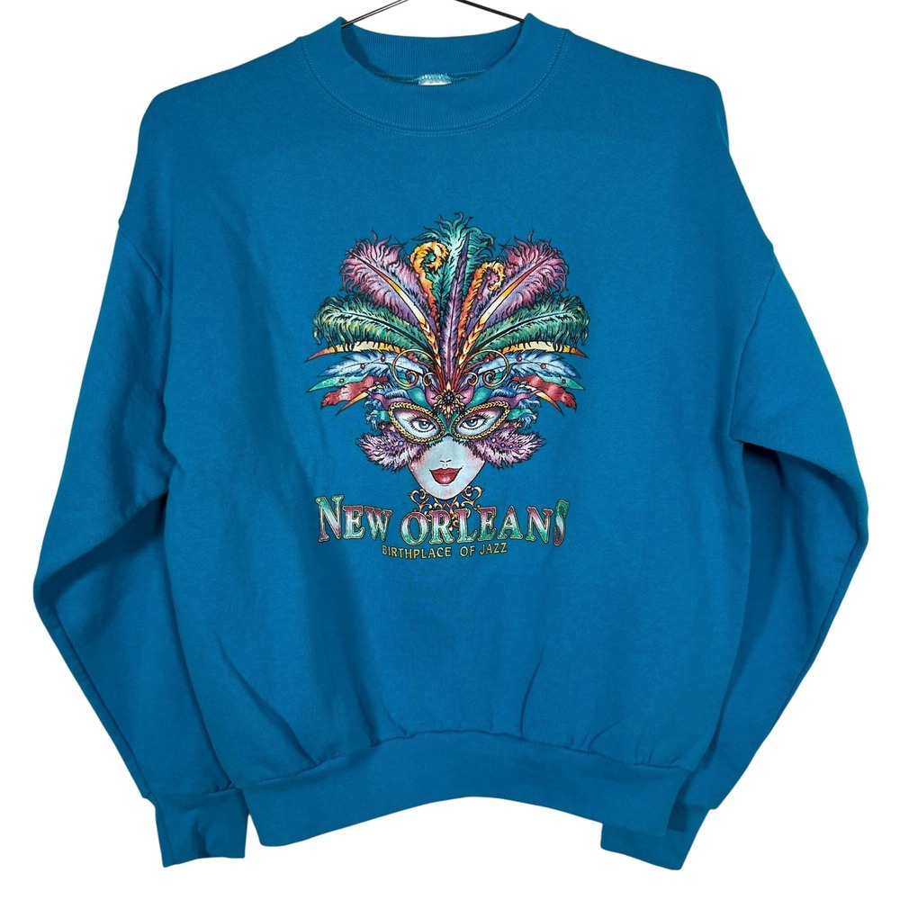 Vintage Tourist Crewneck Blue New Orleans Sweater Mardi Gras Jazz Mask Large